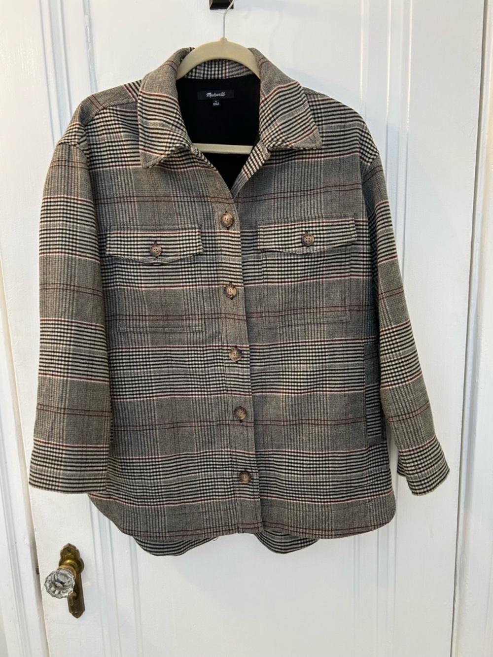 Madewell Plaid Shacket in Black, Gray and Brown with Rust Accents
